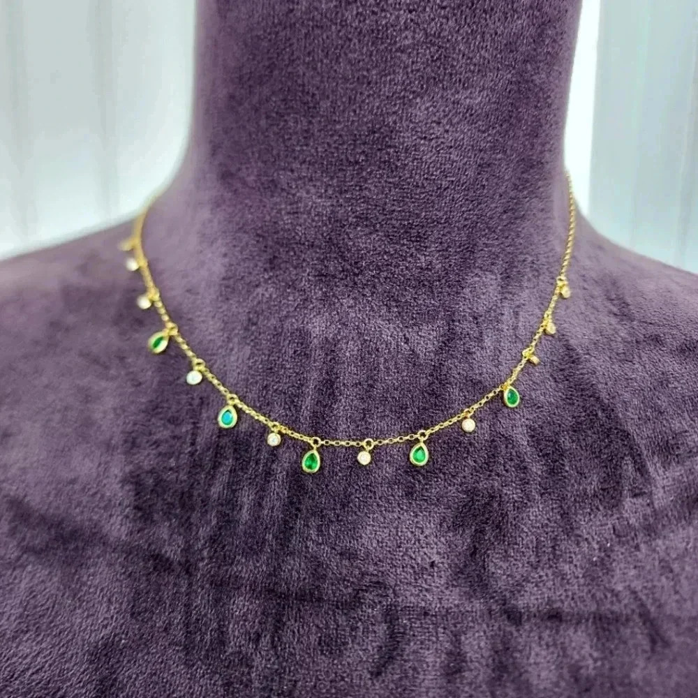 Green Zircon White Pave Women's  Chokers Necklace Gold Toned 16" + 3"